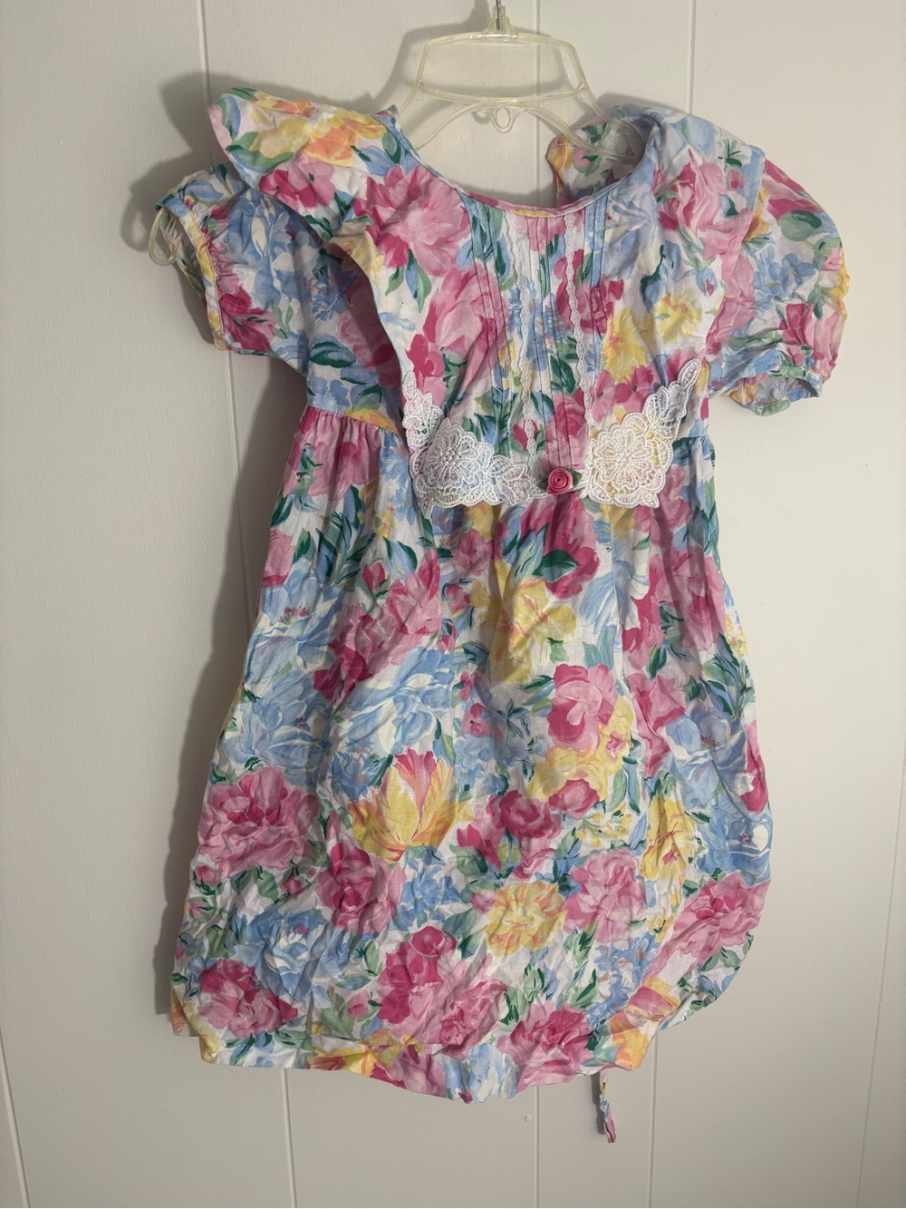 Vintage Girls Floral Lace-Trim Puff Sleeve Dress - Pink, Blue & Yellow